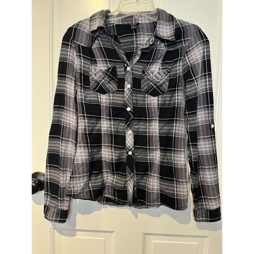 GUESS Women’s Small Plaid Studded Button Down Shirt Black Gray Pink 100% Cotton